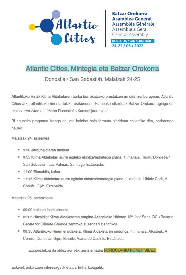 ATLANTIC CITIES – Seminario y Asamblea. Donostia / San Sebastian