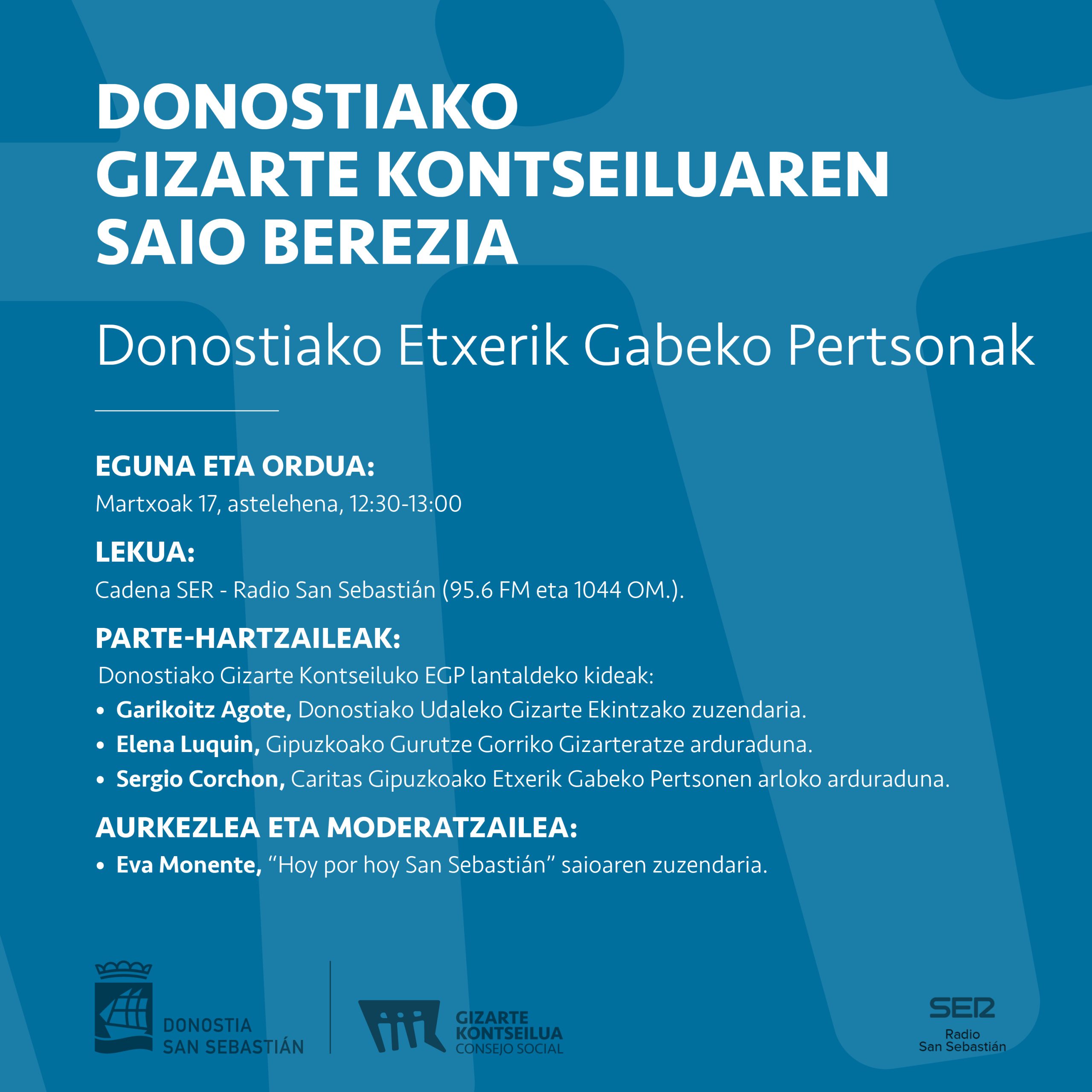 Etxerik gabeko pertsonei buruzko eztabaida-saioarekin abiatuko du Gizarte Kontseiluak urteko zikloa